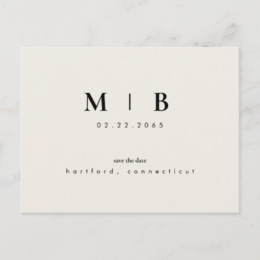 Simple Sleek Monogram Beige Save the Date Hochzeit Postkarte (Vorderseite)