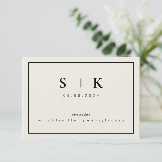 Simple Sleek Monogram Beige Save the Date V (Stehend Vorderseite)