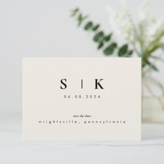 Simple Sleek Monogram Beige Save the Date VI (Stehend Vorderseite)