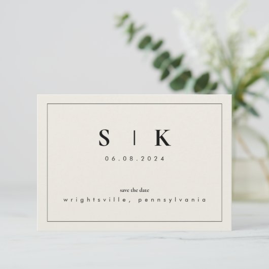 Simple Sleek Monogram Beige Save the Date VI (Stehend Vorderseite)