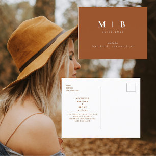 Simple Sleek Monogram Burnt Orange Save the Date Ankündigungspostkarte
