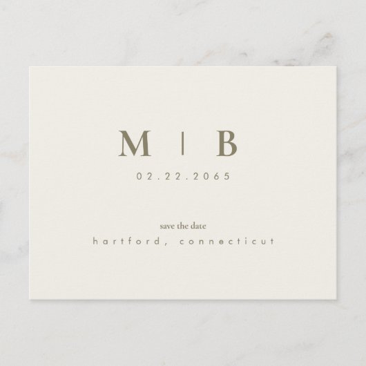 Simple Sleek Monogram Cream Save the Date Hochzeit Ankündigungspostkarte (Vorderseite)