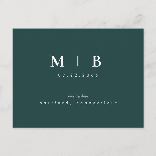 Simple & Sleek Monogram Emerald Save the Date Ankündigungspostkarte (Vorderseite)