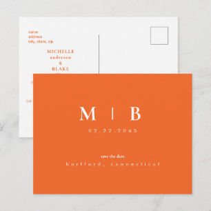 Simple Sleek Monogram Orange Save the Date Hochzei Ankündigungspostkarte