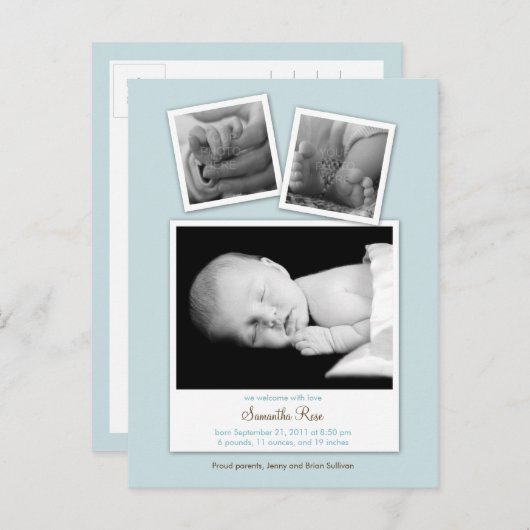 Simple Snapshots Baby Birth Announcement (Blau) Ankündigungspostkarte (Vorne/Hinten)