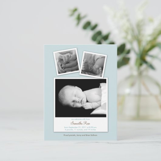 Simple Snapshots Baby Birth Announcement (Blau) Ankündigungspostkarte (Stehend Vorderseite)
