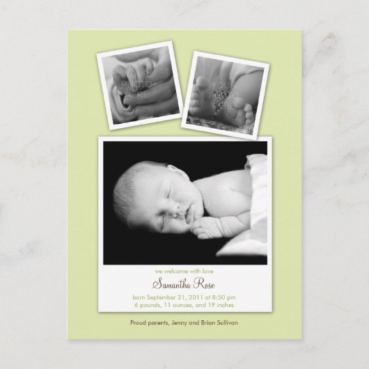 Simple Snapshots Baby Birth Announcement (Green) Ankündigungspostkarte (Vorderseite)