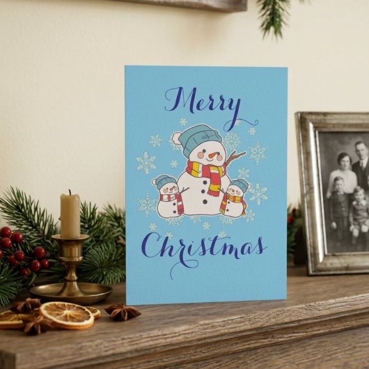 Simple Snowman Blue Holiday Personalize Karte