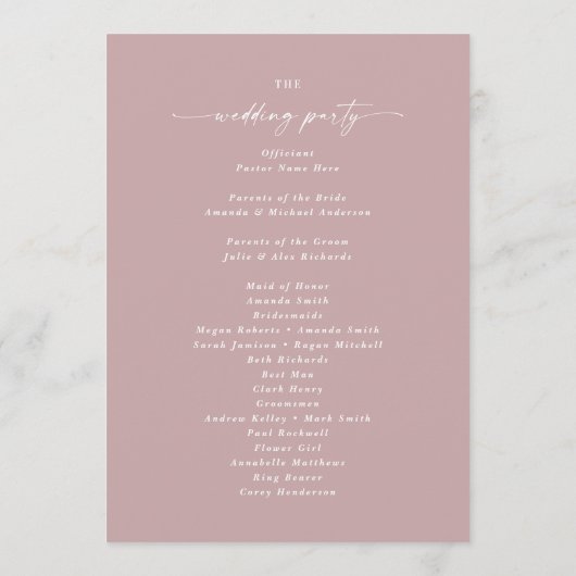 Simple Solid Dusty Mauve Wedding Zeremony Program Programm (Rückseite)