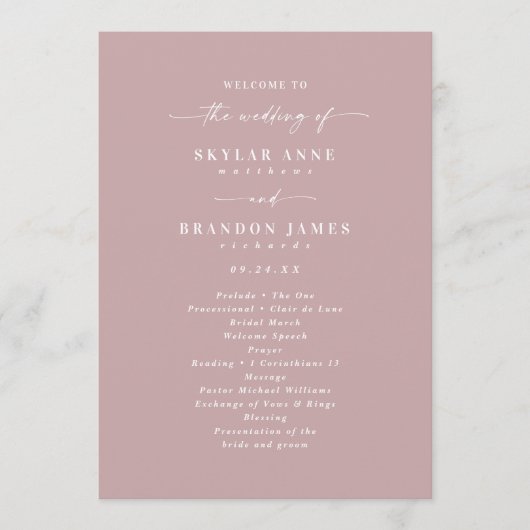 Simple Solid Dusty Mauve Wedding Zeremony Program Programm (Vorderseite)