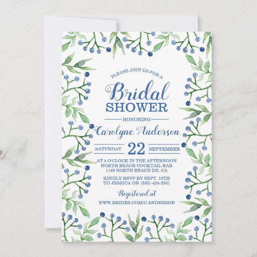 Simple Spring Foliage Blueberries Brautparty Einladung (Vorderseite)