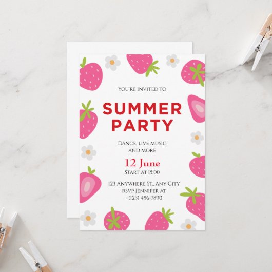 Simple Strawberry Summer Party Einladung (Vorderseite/Rückseite Beispiel)