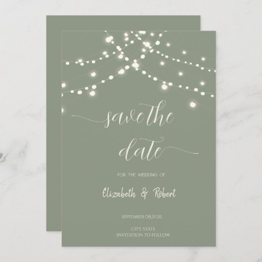 Simple String Lights Sage Green Save The Date (Vorne/Hinten)