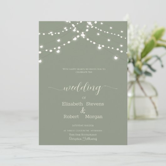 Simple String Lights Sage Green Wedding Einladung (Stehend Vorderseite)