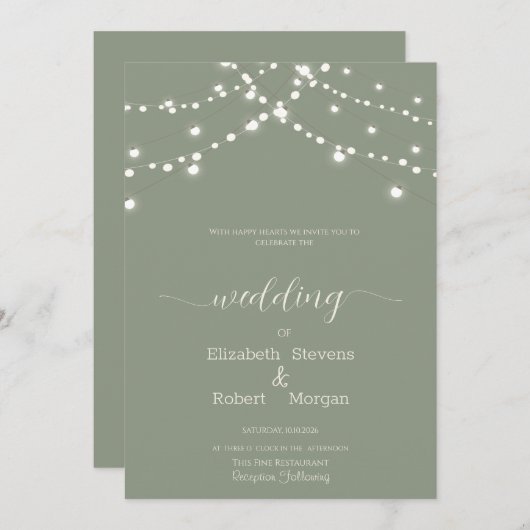 Simple String Lights Sage Green Wedding Einladung (Vorne/Hinten)