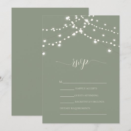 Simple String Lights Sage Green Wedding RSVP   Einladung (Vorne/Hinten)