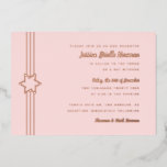 Simple Stripe Bat Mitzvah Star der David Rose Gold Folieneinladung<br><div class="desc">Die Goldfolie ist hier; Sie können aus Goldfolie,  Rose oder Silberfolie wählen. Die Hintergrundfarbe ist anpassbar. Fügen Sie auf Wunsch auch ein Foto zur Rückseite hinzu. Wenn Sie Text aus der Folienschicht entfernen möchten,  geben Sie den Editor ein und schneiden diese Ebenen auf die Vorderseite.</div>