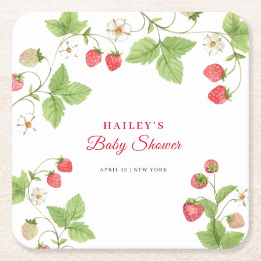 Simple Sweet Greenery Strawberry Baby Shower Rechteckiger Pappuntersetzer (Vorderseite)