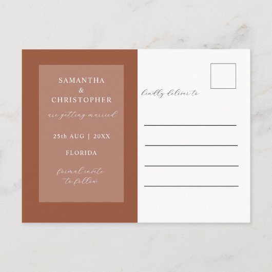 Simple Terracotta Save the Date Hochzeit Ankündigungspostkarte (Rückseite)