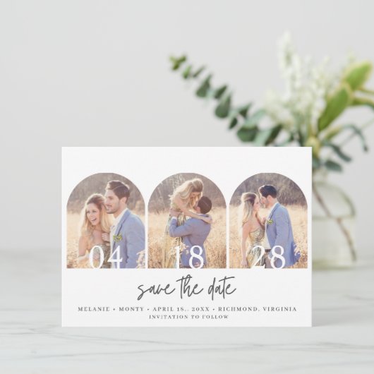 Simple Three Arch Photo Wedding Save The Date (Stehend Vorderseite)