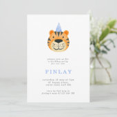 Simple Tiger und Party Hat Blue Birthday Party Einladung (Stehend Vorderseite)