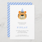 Simple Tiger und Party Hat Blue Birthday Party Einladung (Vorne/Hinten)
