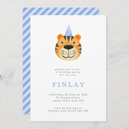 Simple Tiger und Party Hat Blue Birthday Party Einladung (Vorne/Hinten)