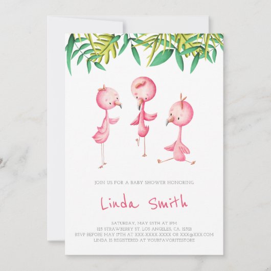 Simple Tropical Flamingo Triplets Baby Dusche Einladung (Vorderseite)