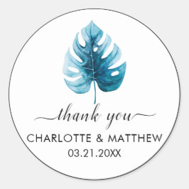 Simple Tropical Monstera Leaf Wedding Vielen Dank Runder Aufkleber