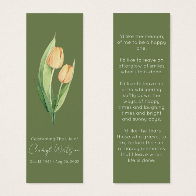 Simple Tulip Funeral Memorial Bookmark (Vorne & Hinten)