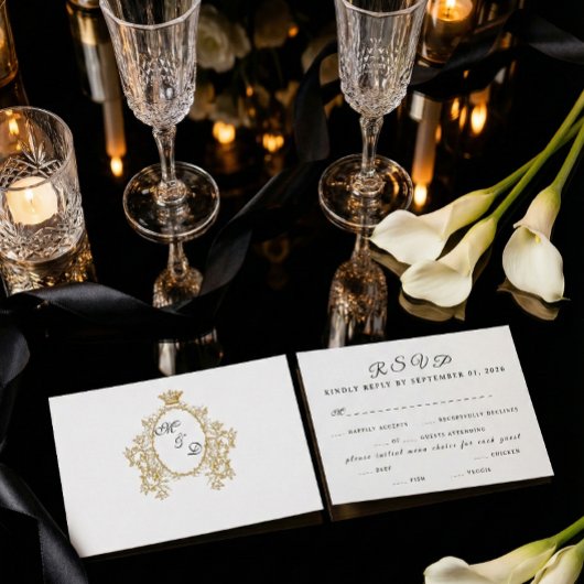 Simple Vintage Monogram Faux Gold Wedding RSVP
