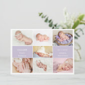 Simple Violet Baby Photo Collage Announcement Card Einladung (Stehend Vorderseite)