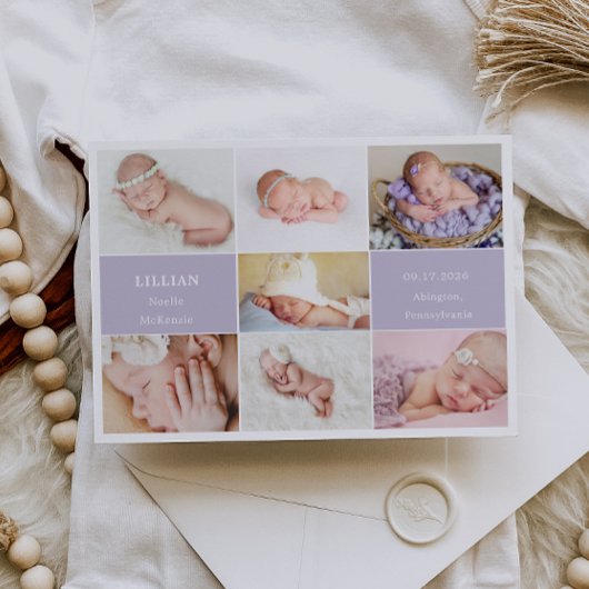 Simple Violet Baby Photo Collage Announcement Card Einladung