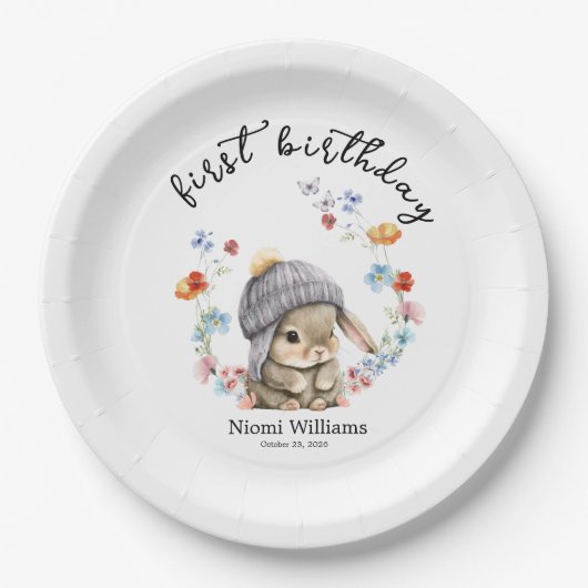 Simple Watercolor Bunny First Birthday Paper Plate Pappteller (Vorderseite)