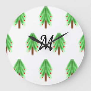 Simple watercolor Christmas pattern add monogram  Große Wanduhr