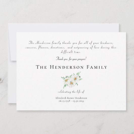 Simple Watercolor Daisies Funeral Vielen Dank Dankeskarte (Rückseite)