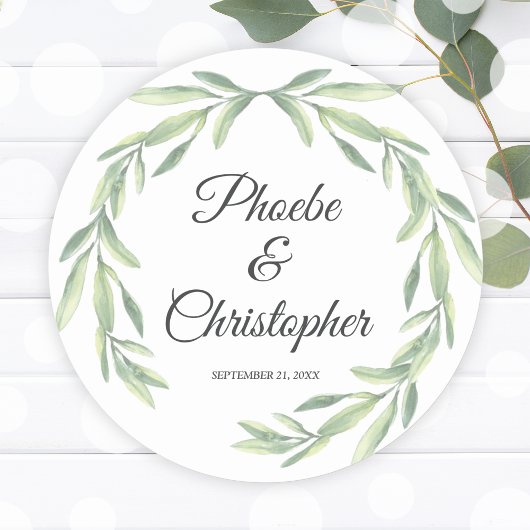 Simple Watercolor Laurel Wreath Greenerity Wedding Runder Aufkleber