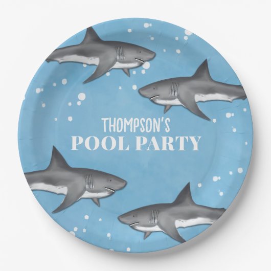 Simple Whimsical Pool Party Haie Blauer Ozean Pappteller (Vorderseite)