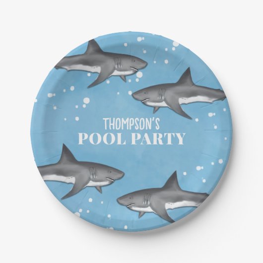 Simple Whimsical Pool Party Haie Blauer Ozean Pappteller (Vorderseite)