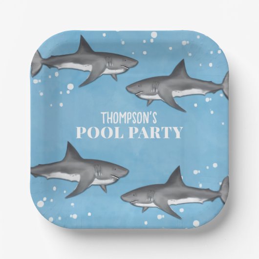 Simple Whimsical Pool Party Haie Blauer Ozean Pappteller (Vorderseite)
