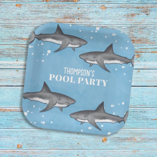 Simple Whimsical Pool Party Haie Blauer Ozean Pappteller