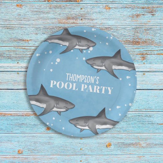 Simple Whimsical Pool Party Haie Blauer Ozean Pappteller