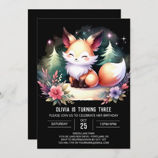 Simple Whimsy Fox Geburtstag digital Einladung (Vorne/Hinten)