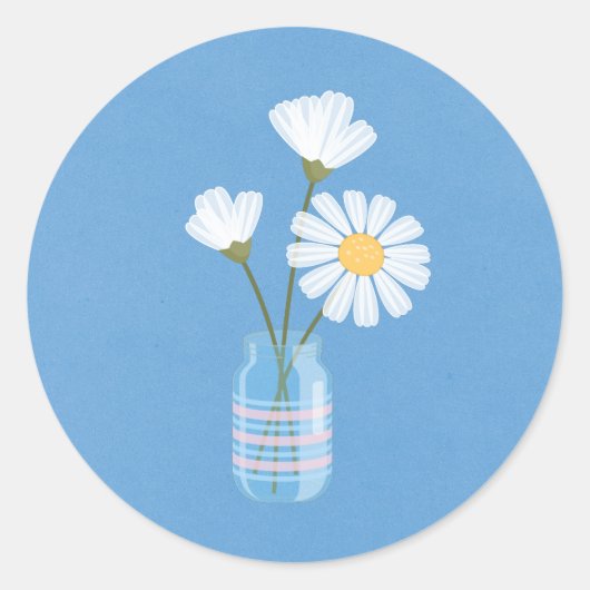 Simple White Daisies Mason Jar auf Blue Runder Aufkleber (Vorderseite)