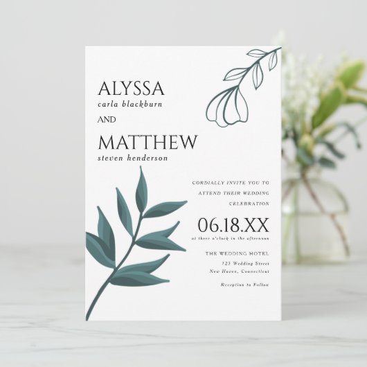 Simple white forest green foliage floral wedding einladung (Stehend Vorderseite)