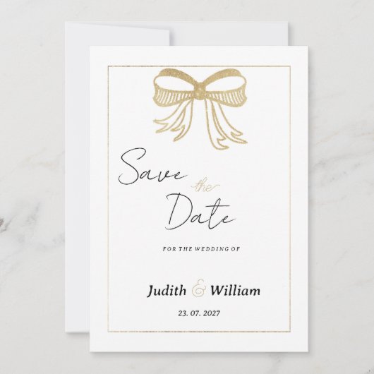 Simple white gold glitter bow ribbon Save the Date Einladung (Vorderseite)