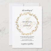 Simple white gold leaf monogram initials Wedding Einladung (Vorderseite)