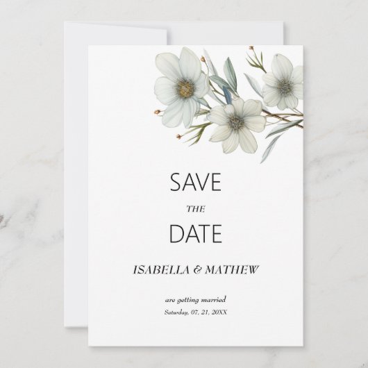 Simple white mint spring floral Save the Date Einladung (Vorderseite)