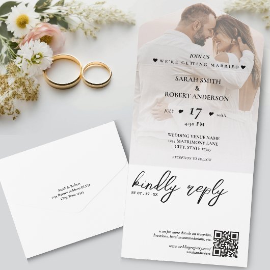 Simple White Newlywed Photo QR Code Wedding All In One Einladung