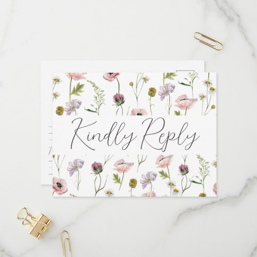 Simple Wild Flower Boho Garden Wedding RSVP Einladungspostkarte (Vorderseite/Rückseite Beispiel)